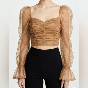 Chocolate Ruched Polka-Dot Puff-Sleeve Crop Top in Camel